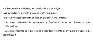 - Há estimulo à iniciativa, à criatividade e à inovação.
- As tomadas de decisão é no conjunto da equipe.
- Não há necessariamente chefes ou gerentes, mas líderes.
- Há uma comunicação constante e feedbacks entre os líderes e seus
colaboradores.
- Os colaboradores são de fato colaboradores, contribuem para o sucesso da
organização.
 