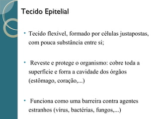 Tecido EpitelialTecido Epitelial
• Tecido flexível, formado por células justapostas,
com pouca substância entre si;
• Reveste e protege o organismo: cobre toda a
superfície e forra a cavidade dos órgãos
(estômago, coração,...)
• Funciona como uma barreira contra agentes
estranhos (vírus, bactérias, fungos,...)
 
