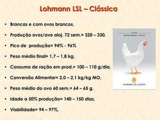 • Brancas e com ovos brancos,
• Produção ovos/ave aloj. 72 sem.= 320 – 330,
• Pico de produção= 94% - 96%
• Peso médio final= 1,7 – 1,8 kg,
• Consumo de ração em prod.= 100 – 110 g/dia,
• Conversão Alimentar= 2,0 – 2,1 kg/kg MO,
• Peso médio do ovo 60 sem.= 64 – 65 g,
• Idade a 50% produção= 140 – 150 dias,
• Viabilidade= 94 – 97%,
Lohmann LSL – Clássica
 