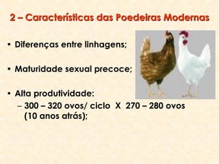 • Diferenças entre linhagens;
• Maturidade sexual precoce;
• Alta produtividade:
– 300 – 320 ovos/ ciclo X 270 – 280 ovos
(10 anos atrás);
2 – Características das Poedeiras Modernas
 