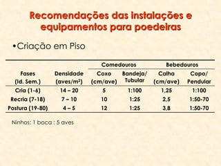 Recomendações das instalações e
equipamentos para poedeiras
Comedouros Bebedouros
Fases
(Id. Sem.)
Densidade
(aves/m2)
Coxo
(cm/ave)
Bandeja/
Tubular
Calha
(cm/ave)
Copo/
Pendular
Cria (1-6) 14 – 20 5 1:100 1,25 1:100
Recria (7-18) 7 – 10 10 1:25 2,5 1:50-70
Postura (19-80) 4 – 5 12 1:25 3,8 1:50-70
Ninhos: 1 boca : 5 aves
•Criação em Piso
 