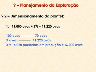 9 – Planejamento da Exploração
9.2 – Dimensionamento do plantel:
1. 11.000 ovos + 2% = 11.220 ovos
100 aves 70 ovos
X aves 11.220 ovos
X = 16.028 poedeiras em produção ≈ 16.000 aves
 