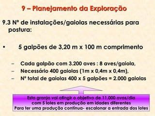 9 – Planejamento da Exploração
9.3 Nº de instalações/gaiolas necessárias para
postura:
• 5 galpões de 3,20 m x 100 m comprimento
– Cada galpão com 3.200 aves : 8 aves/gaiola,
– Necessário 400 gaiolas (1m x 0,4m x 0,4m),
– Nº total de gaiolas 400 x 5 galpões = 2.000 gaiolas
Esta granja vai atingir o objetivo de 11.000 ovos/dia
com 5 lotes em produção em idades diferentes
Para ter uma produção contínua- escalonar a entrada dos lotes
 