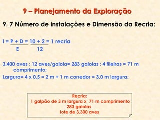 9. 7 Número de instalações e Dimensão da Recria:
I = P + D = 10 + 2 = 1 recria
E 12
3.400 aves : 12 aves/gaiola= 283 gaiolas : 4 fileiras = 71 m
comprimento;
Largura= 4 x 0,5 = 2 m + 1 m corredor = 3,0 m largura;
9 – Planejamento da Exploração
Recria:
1 galpão de 3 m largura x 71 m comprimento
283 gaiolas
lote de 3.300 aves
 