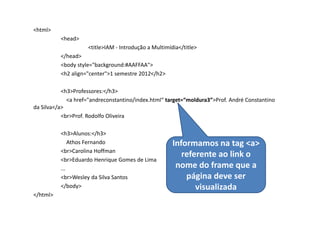 <html>
          <head>
                    <title>IAM - Introdução a Multimídia</title>
          </head>
          <body style="background:#AAFFAA">
          <h2 align="center">1 semestre 2012</h2>

           <h3>Professores:</h3>
             <a href="andreconstantino/index.html“ target=“moldura3”>Prof. André Constantino
da Silva</a>
           <br>Prof. Rodolfo Oliveira

          <h3>Alunos:</h3>
              Athos Fernando                          Informamos na tag <a>
          <br>Carolina Hoffman
                                                         referente ao link o
          <br>Eduardo Henrique Gomes de Lima
          ...                                          nome do frame que a
          <br>Wesley da Silva Santos                      página deve ser
          </body>                                            visualizada
</html>
 