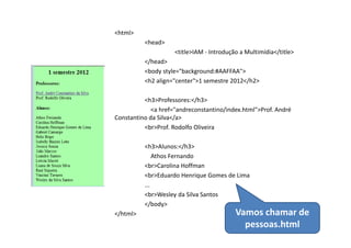 <html>
          <head>
                     <title>IAM - Introdução a Multimídia</title>
          </head>
          <body style="background:#AAFFAA">
          <h2 align="center">1 semestre 2012</h2>

          <h3>Professores:</h3>
             <a href="andreconstantino/index.html">Prof. André
Constantino da Silva</a>
          <br>Prof. Rodolfo Oliveira

          <h3>Alunos:</h3>
              Athos Fernando
          <br>Carolina Hoffman
          <br>Eduardo Henrique Gomes de Lima
          ...
          <br>Wesley da Silva Santos
          </body>
</html>                                    Vamos chamar de
                                             pessoas.html
 