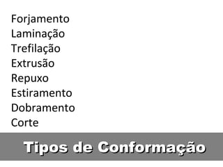 Forjamento
Laminação
Trefilação
Extrusão
Repuxo
Estiramento
Dobramento
Corte

  Tipos de Conformação
 