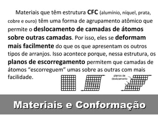 Materiais que têm estrutura CFC (alumínio, níquel, prata,
cobre e ouro) têm uma forma de agrupamento atômico que
permite o deslocamento de camadas de átomos
sobre outras camadas. Por isso, eles se deformam
mais facilmente do que os que apresentam os outros
tipos de arranjos. Isso acontece porque, nessa estrutura, os
planos de escorregamento permitem que camadas de
átomos “escorreguem” umas sobre as outras com mais
facilidade.



  Materiais e Conformação
 