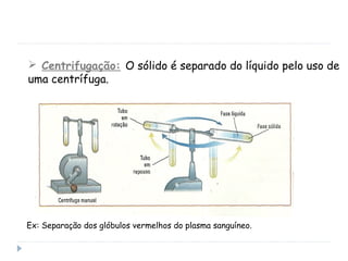  Centrifugação: O sólido é separado do líquido pelo uso de
uma centrífuga.
Ex: Separação dos glóbulos vermelhos do plasma sanguíneo.
 