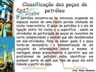 O petróleo encontra-se na natureza ocupando os
espaços vazios de uma rocha porosa chamada de
rocha reservatório. O poço de petróleo é o elo de
ligação entre tal rocha e a superfície , assim as
atividades de perfuração de poços se revestem de
certa complexidade a medida que são desdobradas
em sub-atividades. Para se saber quem é o poço
torna-se necessário        a sistematização de um
conjunto de informações sobre o mesmo. A
vantagem desse procedimento é permitir que um
profissional de petróleo saiba identificar em
qualquer parte do país que tipo de poço ele está
lidando a partir da sigla.
                                   Prof.° Pedro Monteiro
 