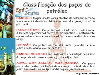 PIONEIROS: são perfurados com o objetivo de descobrir petróleo
baseados em indicadores obtidos por métodos geológicos e/ ou
geofísicos

ESTRATIGÁFICOS: são perfurados visando obter dados sobre
disposição sequencial das rochas de subsuperfície . Eventualmente
o poço poderá converter-se em produtor de óleo se descobrir novo
campo.

EXTENSÃO: são perfurados fora dos limites provados de uma
jazida visando ampliá-la ou delimitá-la

PIONEIRO ADJACENTE: perfurado após a delimitação preliminar
do campo visando descobrir novas jazidas adjacentes .

JAZIDA MAIS RASA OU MAIS PROFUNDA: são poços
perfurados dentro dos limites de um campo , visando descobrir
jazidas mais rasas ou mais profundas daquela já conhecida.
                                                 Prof.° Pedro Monteiro
 