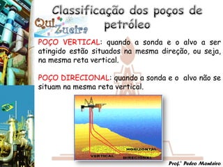 POÇO VERTICAL: quando a sonda e o alvo a ser
atingido estão situados na mesma direção, ou seja,
na mesma reta vertical.

POÇO DIRECIONAL: quando a sonda e o alvo não se
situam na mesma reta vertical.




                                   Prof.° Pedro Monteiro
 