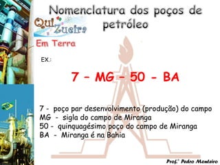 EX.:


        7 – MG – 50 - BA

7 - poço par desenvolvimento (produção) do campo
MG - sigla do campo de Miranga
50 - quinquagésimo poço do campo de Miranga
BA - Miranga é na Bahia


                                   Prof.° Pedro Monteiro
 
