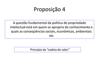 Proposição 4

  A questão fundamental da política de propriedade
intelectual está em quem se apropria do conhecimento e
 quais as conseqüências sociais, econômicas, ambientais
                          etc


             Princípio da “cadeia de valor”
 