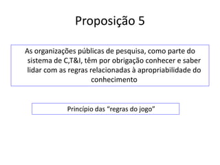 Proposição 5

As organizações públicas de pesquisa, como parte do
 sistema de C,T&I, têm por obrigação conhecer e saber
 lidar com as regras relacionadas à apropriabilidade do
                      conhecimento


             Princípio das “regras do jogo”
 