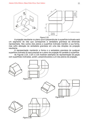 Antonio Clélio Ribeiro, Mauro Pedro Peres, Nacir Izidoro                                                      22



                                                               VG




                                                                                                   Reduzida
                                                                                                   Projeção
                                                       VG
                                             .
                                                                                        VG - Verdadeira Grandeza
                                                               Projeção
                                                               Reduzida

                                                 Figura 2.22
       A projeção resultante no plano que é perpendicular à superfície inclinada será
um segmento de reta que corresponde à verdadeira grandeza da dimensão
representada. Nos outros dois planos a superfície inclinada mantém a sua forma,
mas sofre alteração da verdadeira grandeza em uma das direções da projeção
resultante.
       A representação mantendo a forma e a verdadeira grandeza de qualquer
superfície inclinada só será possível se o plano de projeção for paralelo à superfície.
       As Figuras 2.23, 2.24 e 2.25 mostram exemplos de representação de peças
com superfícies inclinadas, porém, perpendiculares a um dos planos de projeção.




                     Figura 2.23




                                                                          Figura 2.24




                     Figura 2.25
 
