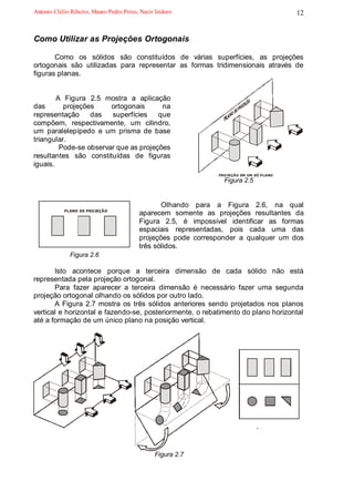 Antonio Clélio Ribeiro, Mauro Pedro Peres, Nacir Izidoro                                  12


Como Utilizar as Projeções Ortogonais

       Como os sólidos são constituídos de várias superfícies, as projeções
ortogonais são utilizadas para representar as formas tridimensionais através de
figuras planas.


        A Figura 2.5 mostra a aplicação
das       projeções     ortogonais      na
representação     das   superfícies    que
compõem, respectivamente, um cilindro,
um paralelepípedo e um prisma de base
triangular.
         Pode-se observar que as projeções
resultantes são constituídas de figuras
iguais.
                                                                PROJEÇÃO EM UM SÓ PLANO
                                                                  Figura 2.5


                                                 Olhando para a Figura 2.6, na qual
            PLANO DE PROJEÇÃO
                                          aparecem somente as projeções resultantes da
                                          Figura 2.5, é impossível identificar as formas
                                          espaciais representadas, pois cada uma das
                                          projeções pode corresponder a qualquer um dos
                                          três sólidos.
              Figura 2.6

       Isto acontece porque a terceira dimensão de cada sólido não está
representada pela projeção ortogonal.
       Para fazer aparecer a terceira dimensão é necessário fazer uma segunda
projeção ortogonal olhando os sólidos por outro lado.
       A Figura 2.7 mostra os três sólidos anteriores sendo projetados nos planos
vertical e horizontal e fazendo-se, posteriormente, o rebatimento do plano horizontal
até a formação de um único plano na posição vertical.




                                                                               Õ




                                                 Figura 2.7
 