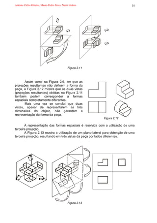 Antonio Clélio Ribeiro, Mauro Pedro Peres, Nacir Izidoro                      14




                                                Figura 2.11



       Assim como na Figura 2.9, em que as
projeções resultantes não definem a forma da
peça, a Figura 2.12 mostra que as duas vistas
(projeções resultantes) obtidas na Figura 2.11
também podem corresponder a formas
espaciais completamente diferentes.
       Mais uma vez se conclui que duas
vistas, apesar de representarem as três
dimensões do objeto, não garantem a
representação da forma da peça.
                                                              Figura 2.12

       A representação das formas espaciais é resolvida com a utilização de uma
terceira projeção.
       A Figura 2.13 mostra a utilização de um plano lateral para obtenção de uma
terceira projeção, resultando em três vistas da peça por lados diferentes.




                                                Figura 2.13
 