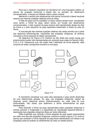 LEITURA E INTERPRETAÇÃO DE DESENHO TÉCNICO                                        15


        Para que o desenho resultante se transforme em uma linguagem gráfica, os
planos de projeção horizontal e lateral têm os sentidos de rebatimento
convencionados, e sempre se rebatem sobre o plano vertical.
        Mantendo o sentido dos rebatimentos dos planos horizontal e lateral resultará
sempre nas mesmas posições relativas entre as vistas.
        O lado da peça que for projetado no plano vertical sempre será considerado
como sendo a frente da peça. Assim sendo, em função dos rebatimentos
convencionados, o lado superior da peça sempre será representado abaixo da vista
de frente e o lado esquerdo da peça aparecerá desenhado à direita da vista de
frente.
        A manutenção das mesmas posições relativas das vistas permite que a partir
dos desenhos bidimensionais, resultantes das projeções ortogonais, se entenda
(visualize) a forma espacial do objeto representado.
        Os desenhos da Figura 2.14 mostram as três vistas das quatro peças que
anteriormente haviam sido representadas por somente duas vistas na Figuras 2.9(b),
2.10 e 2.12. Observe-se que não existe mais indefinição de forma espacial, cada
conjunto de vistas corresponde somente à uma peça.




                                     Figura 2.14

       É importante considerar que cada vista representa a peça sendo observada
de uma determinada posição. Ou seja, nas projeções ortogonais, apesar de
estarmos vendo desenhos planos (bidimensionais), em cada vista há uma
profundidade, não visível, que determina a forma tridimensional da peça
representada.
       Para entender a forma da peça representada pelas projeções ortogonais é
preciso exercitar a imaginação e a capacidade de visualização espacial fazendo a
associação das projeções ortogonais feitas por lados diferentes.
       Cada superfície que compõe a forma espacial da peça estará representada
em cada uma das três projeções ortogonais, conforme mostra a figura 2.15, onde os
planos que compõem a forma espacial da peça foram identificados com letras e nas
projeções pode-se analisar os rebatimentos de cada um destes planos.
 