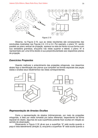 Antonio Clélio Ribeiro, Mauro Pedro Peres, Nacir Izidoro                                   16


                                                           G   B   F   C       H   C   B



                                                                                           A




                                                               H




                                                                           A

                                                Figura 2.15

       Observe, na Figura 2.15, que as vistas resultantes são conseqüentes das
conclusões mostradas nas Figuras 2.2, 2.3 e 2.4. Por exemplo, o plano “A”, sendo
paralelo ao plano vertical de projeção, aparece na vista de frente na sua forma e em
sua verdadeira grandeza, enquanto nas vistas superior e lateral, o plano “A” é
representado por uma linha devido à sua perpendicularidade aos respectivos planos
de projeção.


Exercícios Propostos

      Visando melhorar o entendimento das projeções ortogonais, nos desenhos
abaixo faça a identificação dos planos que compõem as formas espaciais das peças
dadas e analise seus rebatimentos nas vistas correspondentes.




Representação de Arestas Ocultas
      Como a representação de objetos tridimensionais, por meio de projeções
ortogonais, é feita por vistas tomadas por lados diferentes, dependendo da forma
espacial do objeto, algumas de suas superfícies poderão ficar ocultas em relação ao
sentido de observação.
      Observando a Figura 2.16 vê-se que a superfície “A” está oculta quando a
peça é vista lateralmente (direção 3), enquanto a superfície “B” está oculta quando a
 