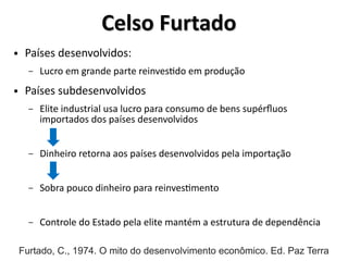 Celso FurtadoCelso Furtado
● Países desenvolvidos:
– Lucro em grande parte reinvestido em produção
● Países subdesenvolvidos
– Elite industrial usa lucro para consumo de bens supérfluos
importados dos países desenvolvidos
– Dinheiro retorna aos países desenvolvidos pela importação
– Sobra pouco dinheiro para reinvestimento
– Controle do Estado pela elite mantém a estrutura de dependência
Furtado, C., 1974. O mito do desenvolvimento econômico. Ed. Paz Terra
 