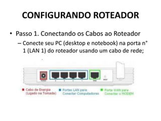 CONFIGURANDO ROTEADOR
• Passo 1. Conectando os Cabos ao Roteador
– Conecte seu PC (desktop e notebook) na porta n°
1 (LAN 1) do roteador usando um cabo de rede;
 
