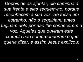 Depois de as ajuntar, ele caminha à
sua frente e elas seguem-no, porque
reconhecem a sua voz. Se fosse um
estranho, não o seguiriam; antes
fugiriam dele por não lhe conhecerem a
voz. Aqueles que ouviram este
exemplo não compreenderam o que
queria dizer, e assim Jesus explicou:
12
 
