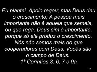 Eu plantei, Apolo regou; mas Deus deu
o crescimento; A pessoa mais
importante não é aquela que semeia,
ou que rega. Deus sim é importante,
porque só ele produz o crescimento.
Nós não somos mais do que
cooperadores com Deus. Vocês são
o campo de Deus.
1ª Coríntios 3. 6, 7 e 9a
25
 