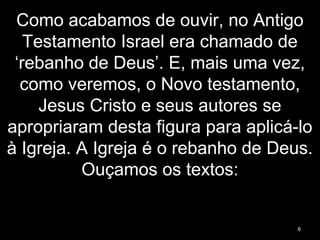 Como acabamos de ouvir, no Antigo
Testamento Israel era chamado de
‘rebanho de Deus’. E, mais uma vez,
como veremos, o Novo testamento,
Jesus Cristo e seus autores se
apropriaram desta figura para aplicá-lo
à Igreja. A Igreja é o rebanho de Deus.
Ouçamos os textos:
6
 