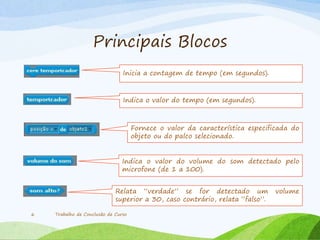 Principais Blocos
Trabalho de Conclusão de Curso6
Inicia a contagem de tempo (em segundos).
Indica o valor do tempo (em segundos).
Fornece o valor da característica especificada do
objeto ou do palco selecionado.
Indica o valor do volume do som detectado pelo
microfone (de 1 a 100).
Relata “verdade” se for detectado um volume
superior a 30, caso contrário, relata “falso”.
 