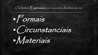 Os limites Expressos por sua vez, dividem-se em:
Formais
Circunstanciais
Materiais
 