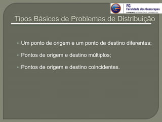 • Um ponto de origem e um ponto de destino diferentes;
• Pontos de origem e destino múltiplos;
• Pontos de origem e destino coincidentes.
 
