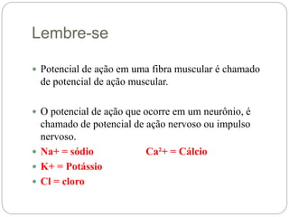 Lembre-se
 Potencial de ação em uma fibra muscular é chamado
de potencial de ação muscular.
 O potencial de ação que ocorre em um neurônio, é
chamado de potencial de ação nervoso ou impulso
nervoso.
 Na+ = sódio Ca²+ = Cálcio
 K+ = Potássio
 Cl = cloro
 