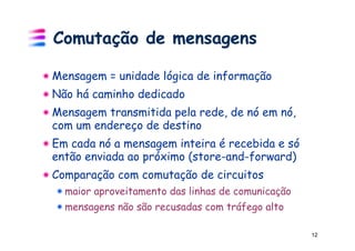 Comutação de mensagens

! Mensagem = unidade lógica de informação
! Não há caminho dedicado
! Mensagem transmitida pela rede, de nó em nó,
  com um endereço de destino
! Em cada nó a mensagem inteira é recebida e só
  então enviada ao próximo (store-and-forward)
! Comparação com comutação de circuitos
  ! maior aproveitamento das linhas de comunicação
  ! mensagens não são recusadas com tráfego alto

                                                     12
 