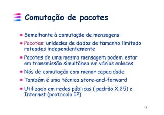 Comutação de pacotes

!  Semelhante à comutação de mensagens
! Pacotes: unidades de dados de tamanho limitado
  roteados independentemente
!  Pacotes de uma mesma mensagem podem estar
   em transmissão simultânea em vários enlaces
!  Nós de comutação com menor capacidade
!  Também é uma técnica store-and-forward
!  Utilizado em redes públicas ( padrão X.25) e
   Internet (protocolo IP)

                                                   13
 