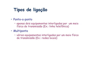Tipos de ligação

•  Ponto-a-ponto
  •  apenas dois equipamentos interligados por um meio
     físico de transmissão (Ex.: linha telefônica)
•  Multiponto
  •  vários equipamentos interligados por um meio físico
     de transmissão (Ex.: redes locais)
 