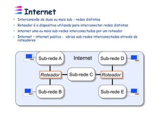 Internet
•  Interconexão de duas ou mais sub - redes distintas.
•  Roteador é o dispositivo utilizado para interconectar redes distintas
•  internet uma ou mais sub-redes interconectadas por um roteador
•  Internet – internet publica - várias sub-redes interconectadas através de
   roteadores




               Sub-rede A            Internet         Sub-rede D


                 Roteador          Sub-rede C            Roteador


               Sub-rede B                             Sub-rede E
 