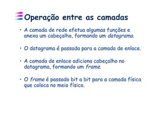 Operação entre as camadas
•  A camada de rede efetua algumas funções e
   anexa um cabeçalho, formando um datagrama.

•  O datagrama é passada para a camada de enlace.

•  A camada de enlace adiciona cabeçalho no
   datagrama, formando um frame.

•  O frame é passado bit a bit para a camada física
   que coloca no meio físico.
 