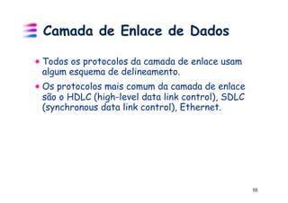 Camada de Enlace de Dados

!  Todos os protocolos da camada de enlace usam
   algum esquema de delineamento.
!  Os protocolos mais comum da camada de enlace
   são o HDLC (high-level data link control), SDLC
   (synchronous data link control), Ethernet.




                                                     55
 