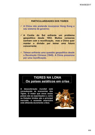 04/06/2017
4
PARTICULARIDADES DOS TIGRES
 A China não pretende incorporar Hong Kong a
seu sistema de governo;
 A Coréia do Sul enfrenta um problema
geopolítico desde 1953. Muitos coreanos
sonham com a reunificação, mas a China quer
manter a divisão por temer uma futura
concorrente;
 Taiwan enfrenta uma questão geopolítica desde
a Revolução Chinesa (1949). A China pressiona
por uma reunificação.
TIGRES NA LONA
Os países asiáticos em crise
A desaceleração mundial está
nocauteando as economias dos
Tigres. O motor que move esses
países são as exportações e, como
os Estados Unidos são o principal
mercado, a recessão americana
está afetando duramente a Ásia.
 