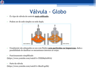 Válvula - Globo
• É o tipo de válvula de controle mais utilizado.
• Podem ser de sede simples ou sede dupla.
• Usualmente são adequadas ao uso com fluidos sem partículas ou impurezas, dada a
possibilidade de danificar os mecanismos internos ao corpo.
• Funcionamento simplificado
(https://www.youtube.com/watch?v=TIIXM9G0lWA)
• Parte da válvula
(https://www.youtube.com/watch?v=SkzzII-gzEk)
 