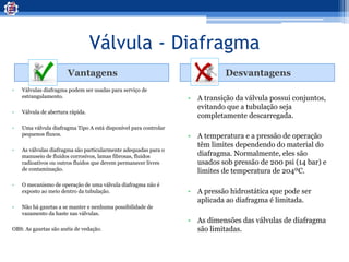 Válvula - Diafragma
Vantagens Desvantagens
• Válvulas diafragma podem ser usadas para serviço de
estrangulamento.
• Válvula de abertura rápida.
• Uma válvula diafragma Tipo A está disponível para controlar
pequenos fluxos.
• As válvulas diafragma são particularmente adequadas para o
manuseio de fluidos corrosivos, lamas fibrosas, fluidos
radioativos ou outros fluidos que devem permanecer livres
de contaminação.
• O mecanismo de operação de uma válvula diafragma não é
exposto ao meio dentro da tubulação.
• Não há gaxetas a se manter e nenhuma possibilidade de
vazamento da haste nas válvulas.
OBS: As gaxetas são anéis de vedação.
• A transição da válvula possui conjuntos,
evitando que a tubulação seja
completamente descarregada.
• A temperatura e a pressão de operação
têm limites dependendo do material do
diafragma. Normalmente, eles são
usados ​​sob pressão de 200 psi (14 bar) e
limites de temperatura de 204ºC.
• A pressão hidrostática que pode ser
aplicada ao diafragma é limitada.
• As dimensões das válvulas de diafragma
são limitadas.
 