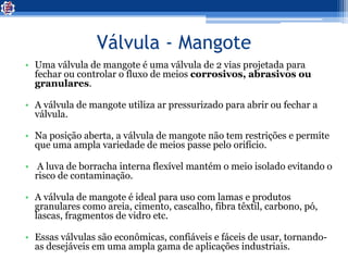 Válvula - Mangote
• Uma válvula de mangote é uma válvula de 2 vias projetada para
fechar ou controlar o fluxo de meios corrosivos, abrasivos ou
granulares.
• A válvula de mangote utiliza ar pressurizado para abrir ou fechar a
válvula.
• Na posição aberta, a válvula de mangote não tem restrições e permite
que uma ampla variedade de meios passe pelo orifício.
• A luva de borracha interna flexível mantém o meio isolado evitando o
risco de contaminação.
• A válvula de mangote é ideal para uso com lamas e produtos
granulares como areia, cimento, cascalho, fibra têxtil, carbono, pó,
lascas, fragmentos de vidro etc.
• Essas válvulas são econômicas, confiáveis ​​e fáceis de usar, tornando-
as desejáveis em uma ampla gama de aplicações industriais.
 