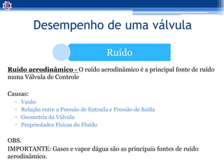 Desempenho de uma válvula
Ruído
Ruído aerodinâmico - O ruído aerodinâmico é a principal fonte de ruído
numa Válvula de Controle
Causas:
▫ Vazão
▫ Relação entre a Pressão de Entrada e Pressão de Saída
▫ Geometria da Válvula
▫ Propriedades Físicas do Fluido
OBS.
IMPORTANTE: Gases e vapor dágua são as principais fontes de ruído
aerodinâmico.
 