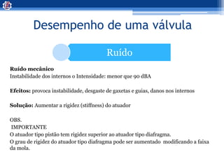 Desempenho de uma válvula
Ruído
Ruído mecânico
Instabilidade dos internos o Intensidade: menor que 90 dBA
Efeitos: provoca instabilidade, desgaste de gaxetas e guias, danos nos internos
Solução: Aumentar a rigidez (stiffness) do atuador
OBS.
IMPORTANTE
O atuador tipo pistão tem rigidez superior ao atuador tipo diafragma.
O grau de rigidez do atuador tipo diafragma pode ser aumentado modificando a faixa
da mola.
 