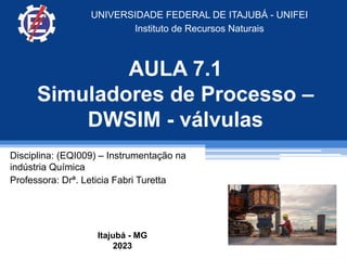 AULA 7.1
Simuladores de Processo –
DWSIM - válvulas
Itajubá - MG
2023
UNIVERSIDADE FEDERAL DE ITAJUBÁ - UNIFEI
Instituto de Recursos Naturais
Disciplina: (EQI009) – Instrumentação na
indústria Química
Professora: Drª. Leticia Fabri Turetta
 