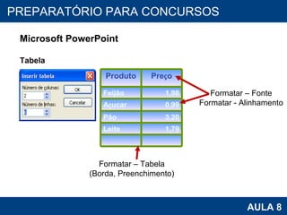 PROAB 2010 AULA 8 PREPARATÓRIO PARA CONCURSOS Microsoft PowerPoint Tabela Formatar – Fonte Formatar - Alinhamento Formatar – Tabela (Borda, Preenchimento) Produto Pre ç o Feijão 1,98 A ç ucar 0,99 Pão 3,20 Leite 1,79 