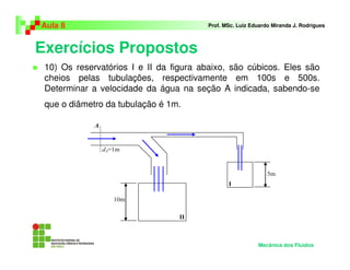 Aula 8                                  Prof. MSc. Luiz Eduardo Miranda J. Rodrigues



Exercícios Propostos
 10) Os reservatórios I e II da figura abaixo, são cúbicos. Eles são
 cheios pelas tubulações, respectivamente em 100s e 500s.
 Determinar a velocidade da água na seção A indicada, sabendo-se
 que o diâmetro da tubulação é 1m.




                                                          Mecânica dos Fluidos
 