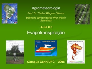 Evapotranspiração Agrometeorologia Prof. Dr. Carlos Wagner Oliveira Baseada apresentação Prof. Paulo Sentelhas Campus Cariri/UFC – 2008 Aula # 8 