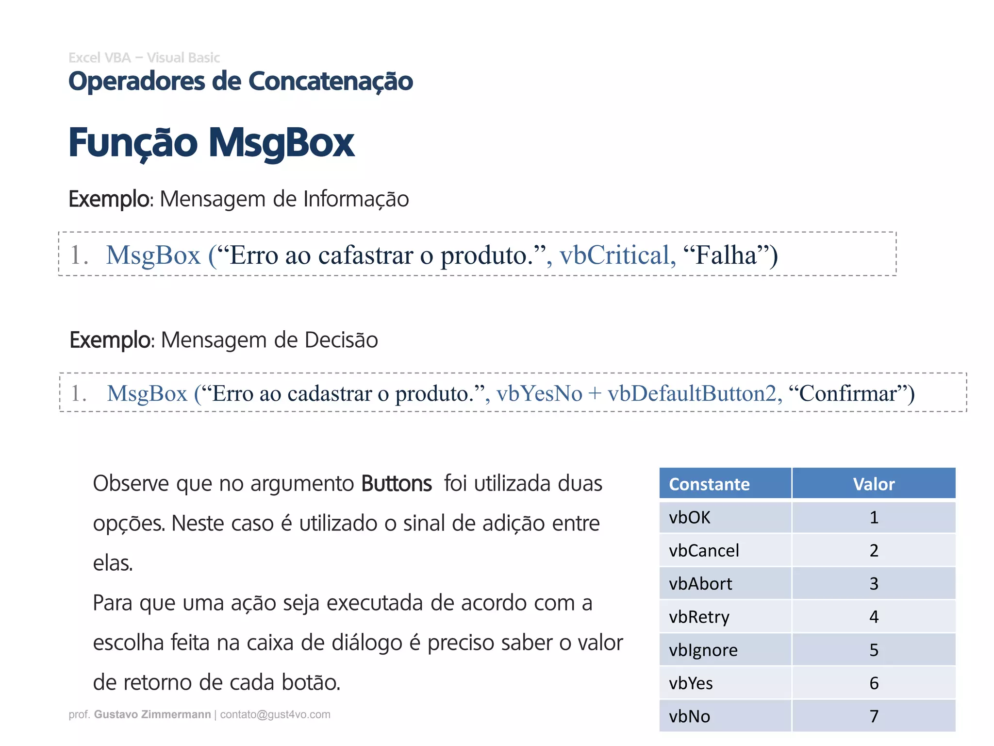 prof. Gustavo Zimmermann | contato@gust4vo.com
Excel VBA – Visual Basic
Operadores de Concatenação
Função MsgBox
Exemplo: Mensagem de Informação
1. MsgBox (“Erro ao cafastrar o produto.”, vbCritical, “Falha”)
Exemplo: Mensagem de Decisão
1. MsgBox (“Erro ao cadastrar o produto.”, vbYesNo + vbDefaultButton2, “Confirmar”)
Constante Valor
vbOK 1
vbCancel 2
vbAbort 3
vbRetry 4
vbIgnore 5
vbYes 6
vbNo 7
Observe que no argumento Buttons foi utilizada duas
opções. Neste caso é utilizado o sinal de adição entre
elas.
Para que uma ação seja executada de acordo com a
escolha feita na caixa de diálogo é preciso saber o valor
de retorno de cada botão.
 